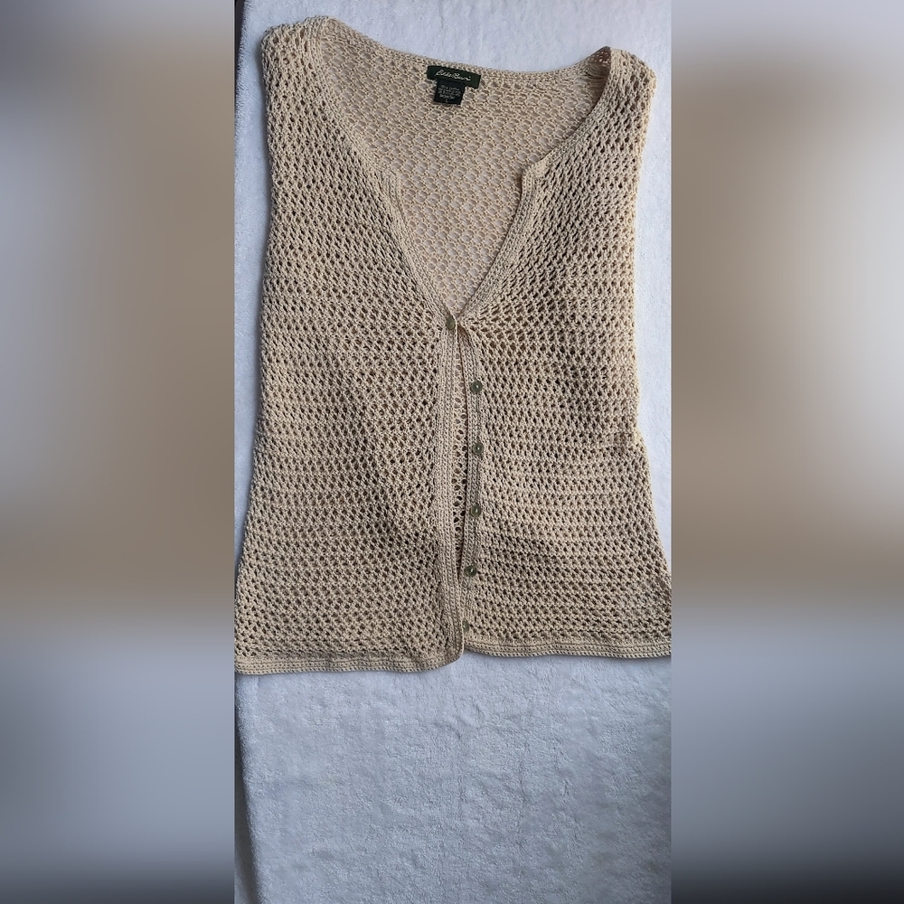 Womens Beige Eddie Bauer Crochet Cardigan Size Large